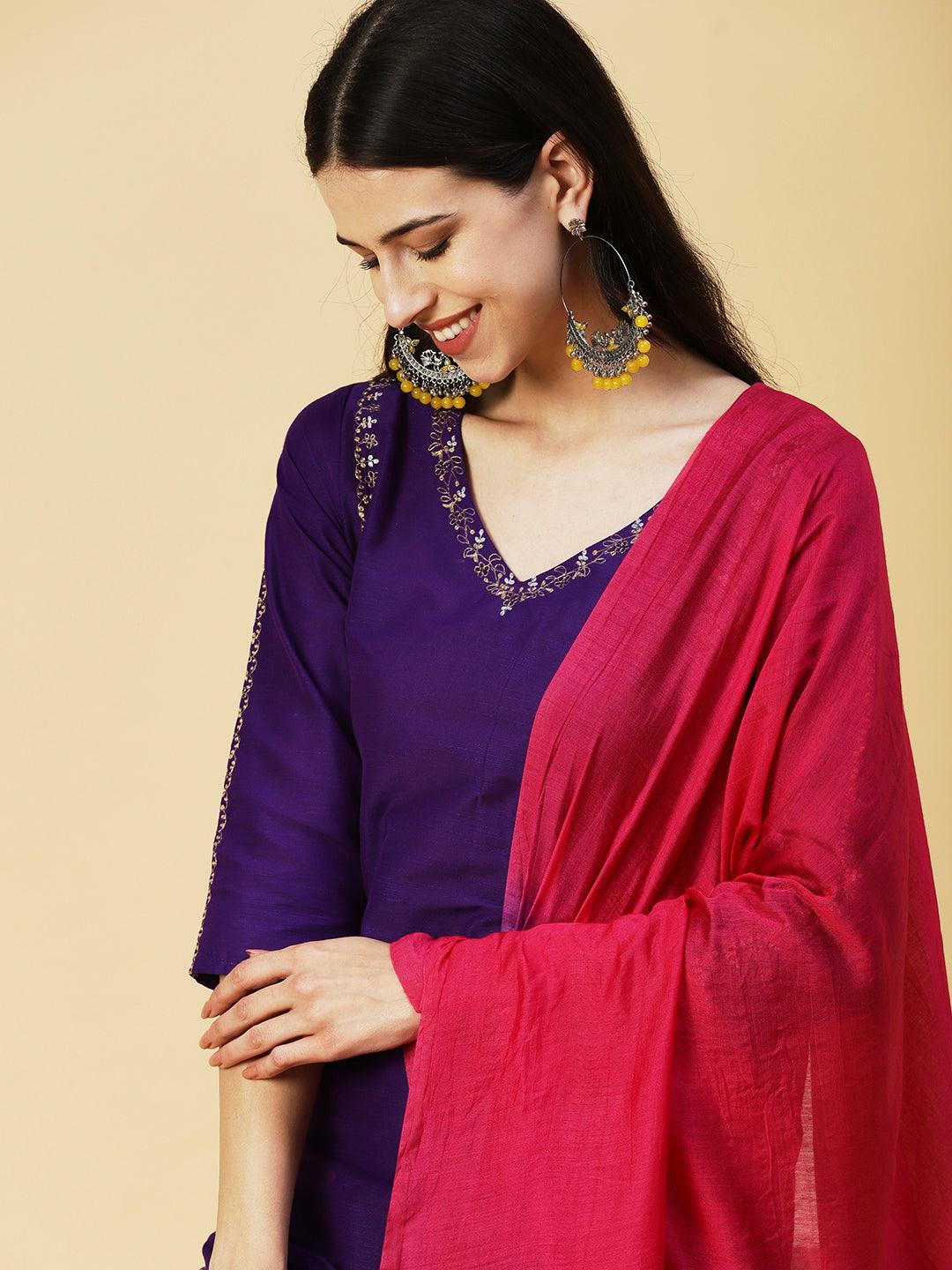 Solid Zari Embroidered Kurta With Pants & Shaded Dupatta - Violet - Indiakreations