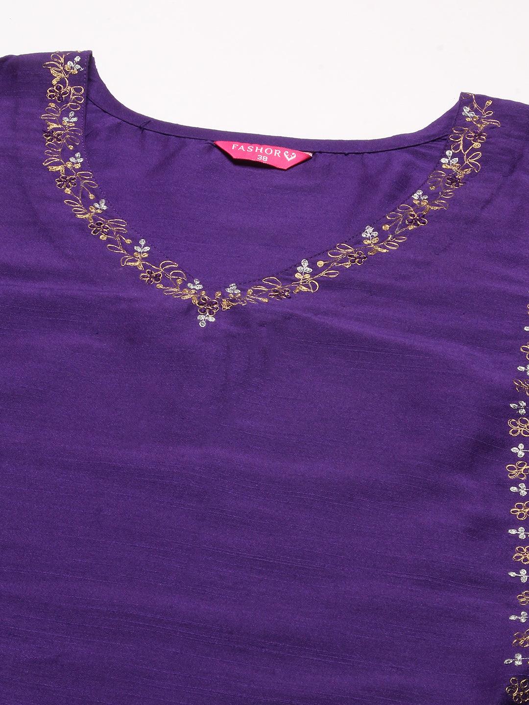 Solid Zari Embroidered Kurta With Pants & Shaded Dupatta - Violet - Indiakreations