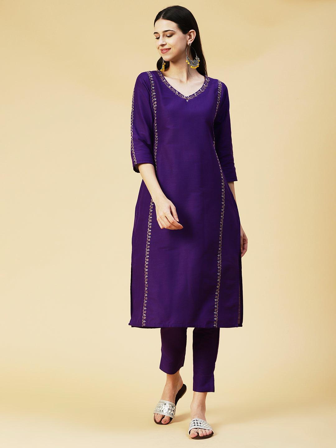 Solid Zari Embroidered Kurta With Pants & Shaded Dupatta - Violet - Indiakreations