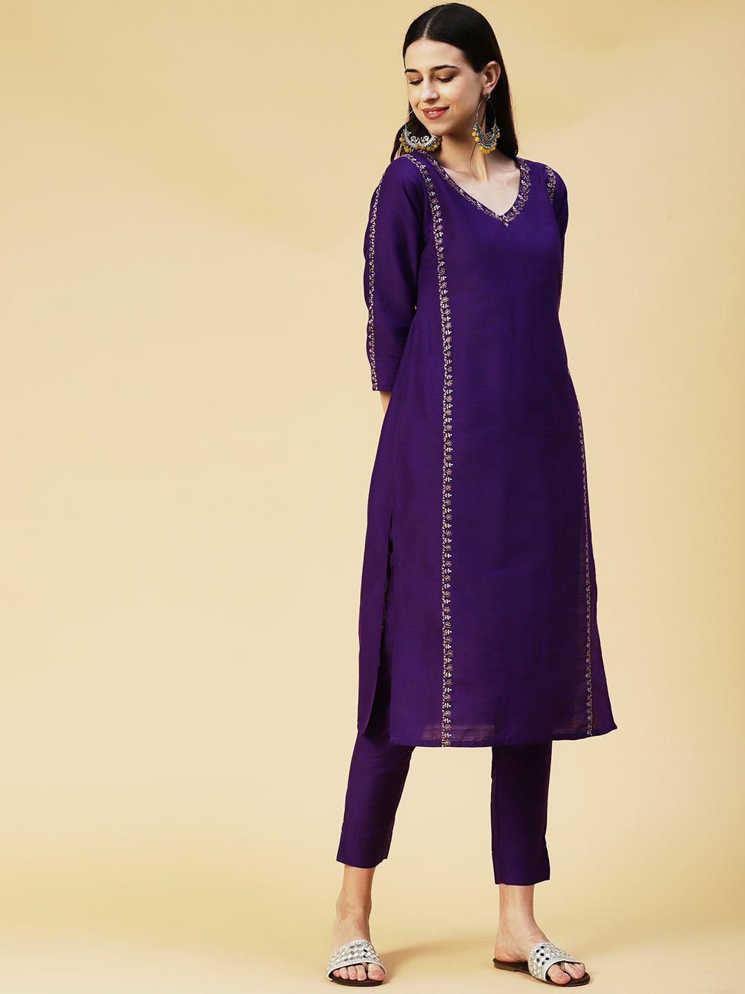 Solid Zari Embroidered Kurta With Pants & Shaded Dupatta - Violet - Indiakreations