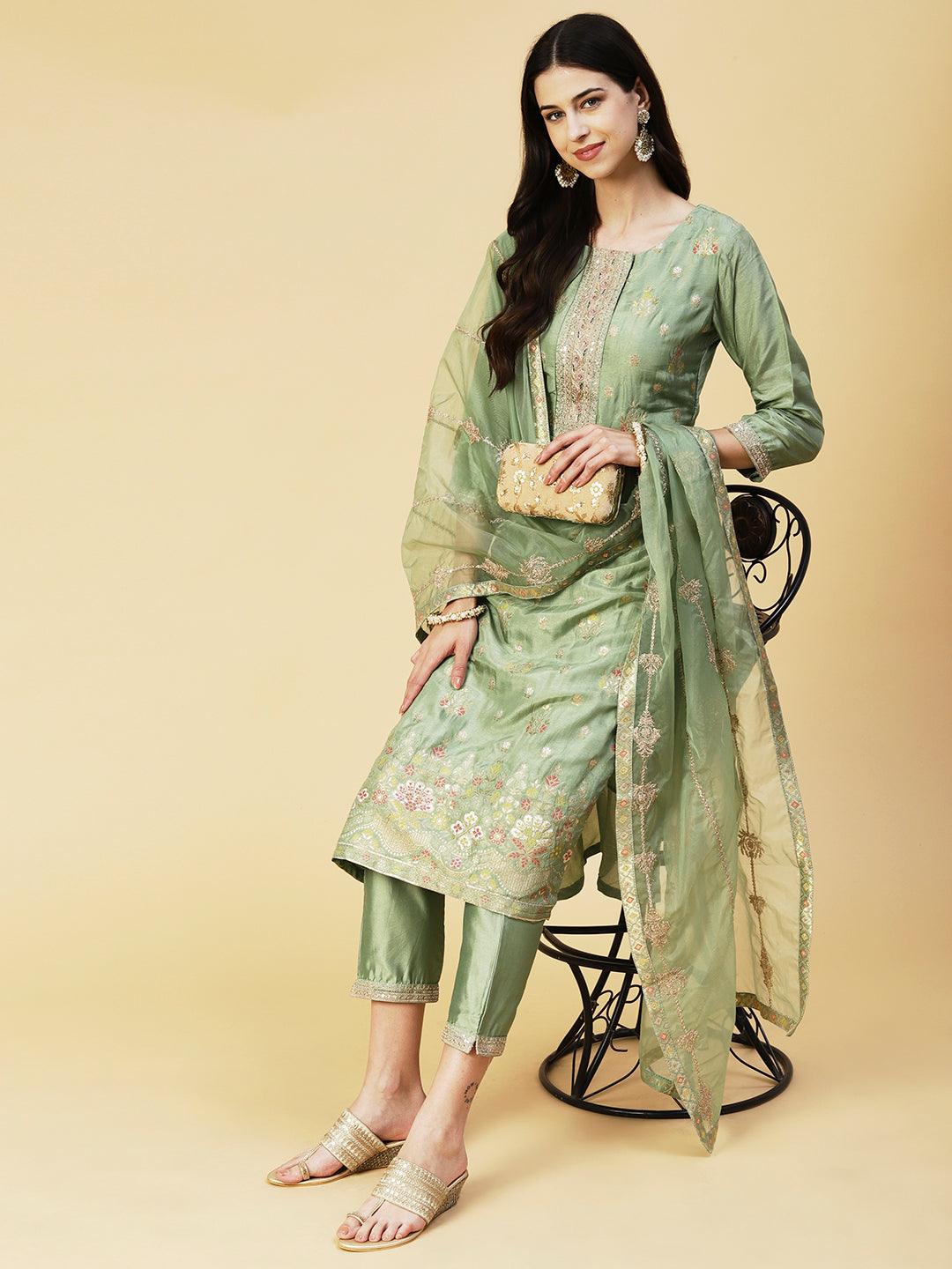 Woven Floral Jacquard Zari & Sequins Embroidered Kurta With Pants & Dupatta - Green - Indiakreations