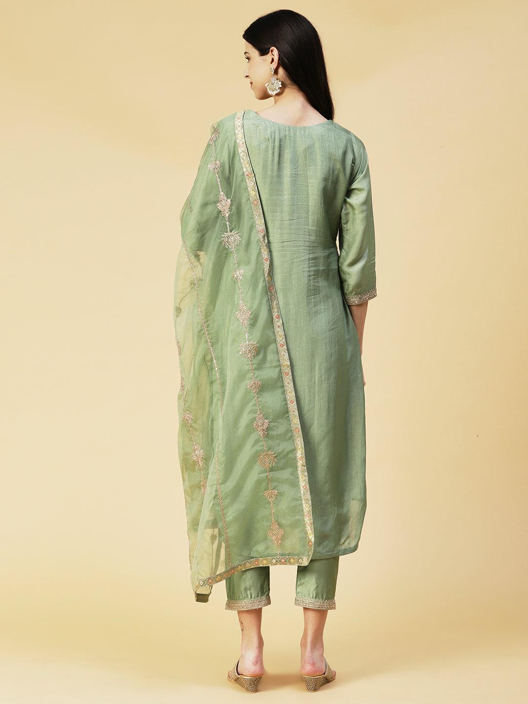 Woven Floral Jacquard Zari & Sequins Embroidered Kurta With Pants & Dupatta - Green - Indiakreations