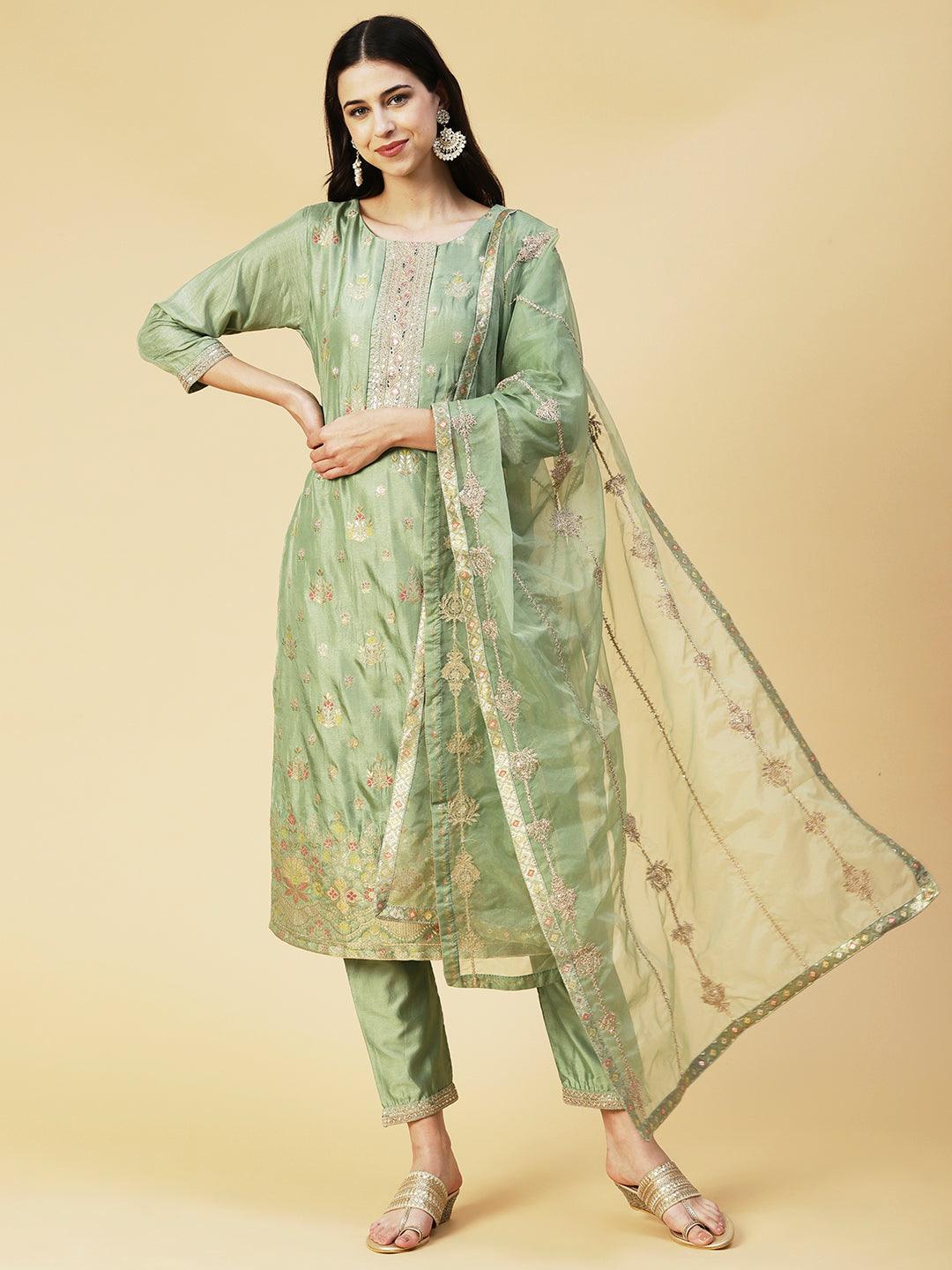 Woven Floral Jacquard Zari & Sequins Embroidered Kurta With Pants & Dupatta - Green - Indiakreations