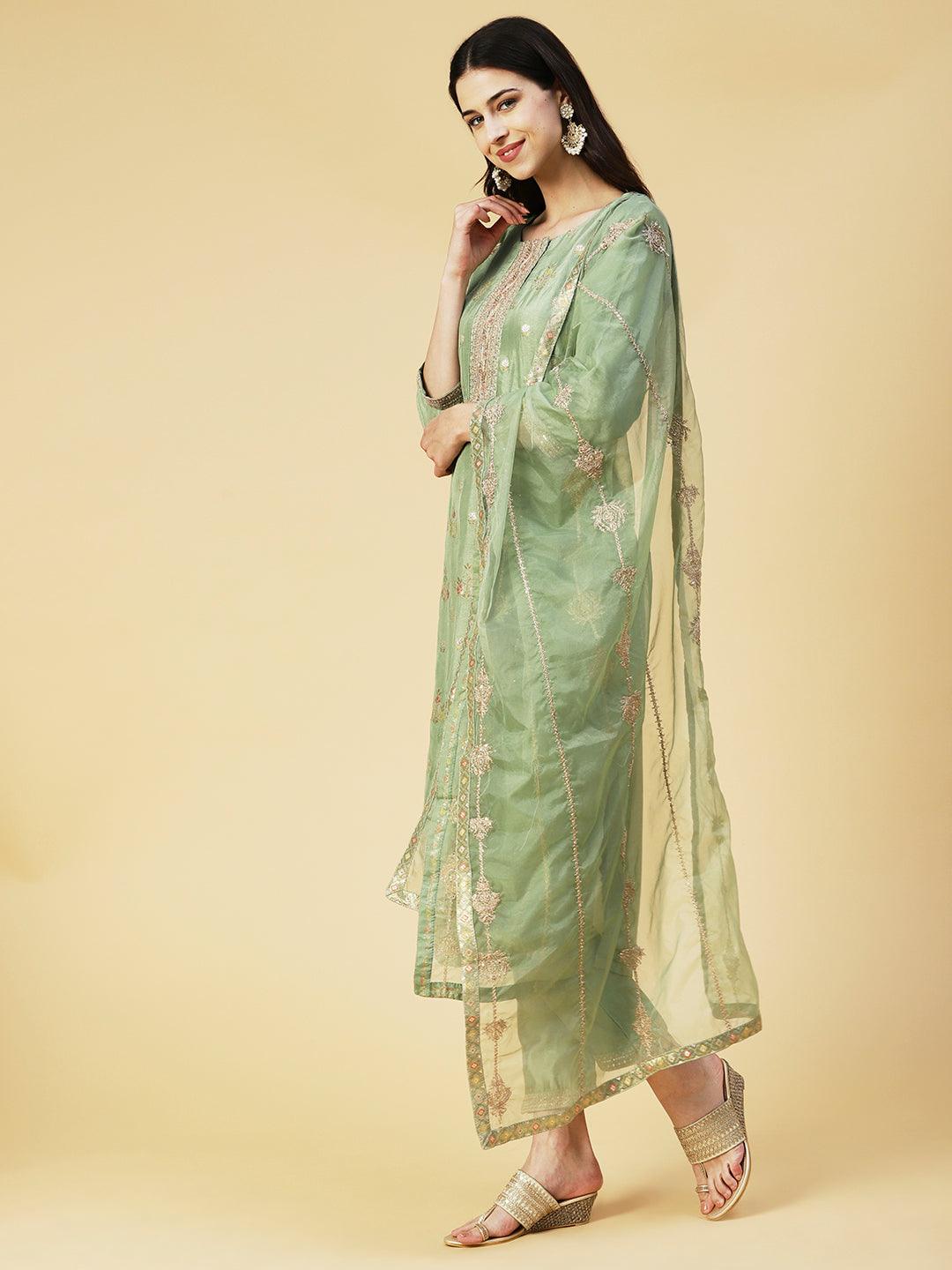 Woven Floral Jacquard Zari & Sequins Embroidered Kurta With Pants & Dupatta - Green - Indiakreations