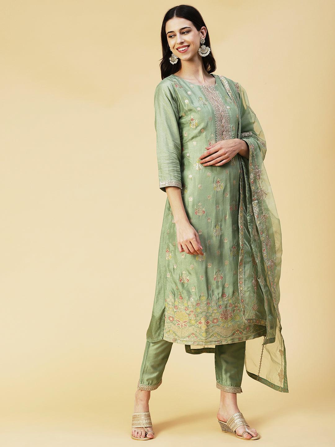 Woven Floral Jacquard Zari & Sequins Embroidered Kurta With Pants & Dupatta - Green - Indiakreations