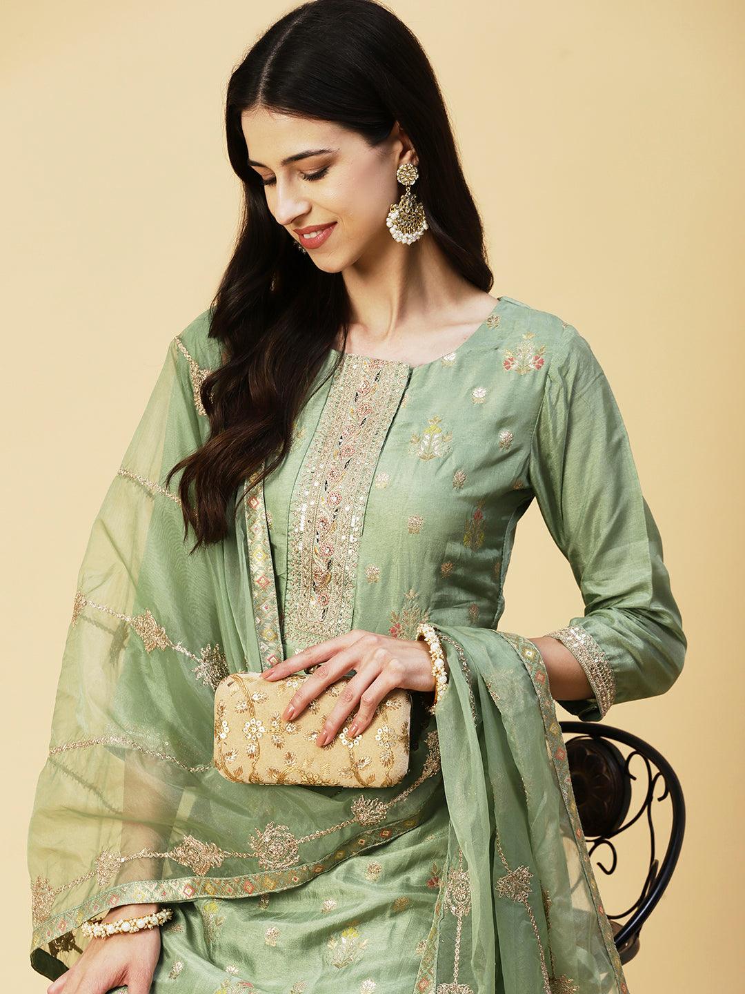 Woven Floral Jacquard Zari & Sequins Embroidered Kurta With Pants & Dupatta - Green - Indiakreations