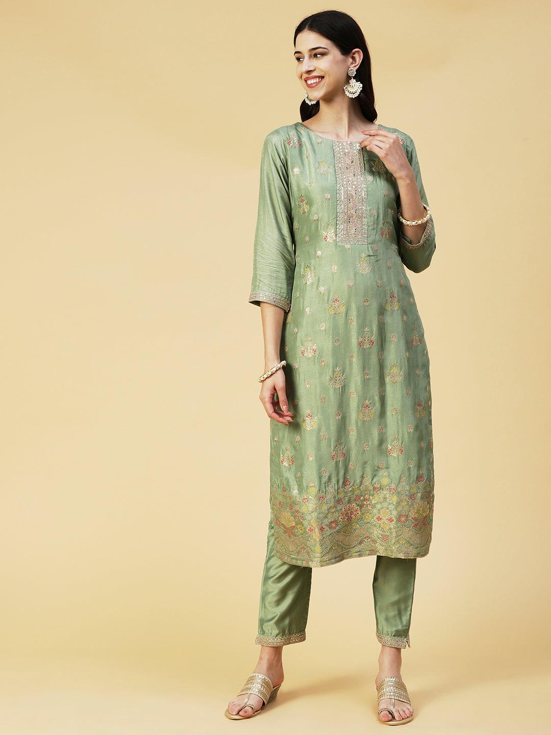 Woven Floral Jacquard Zari & Sequins Embroidered Kurta With Pants & Dupatta - Green - Indiakreations