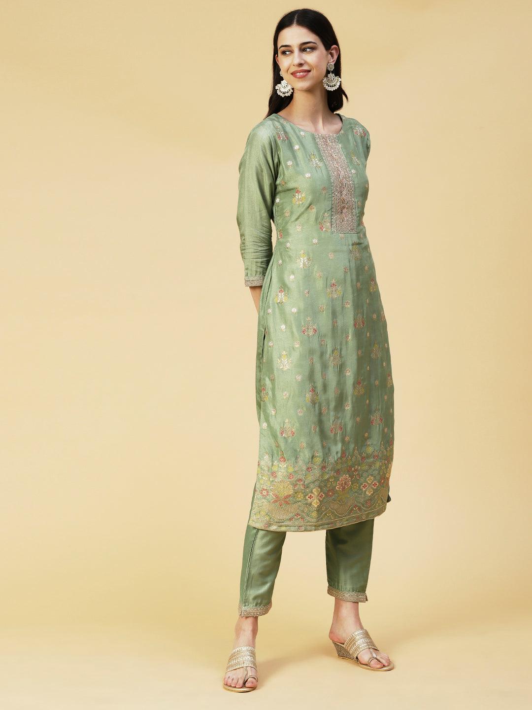 Woven Floral Jacquard Zari & Sequins Embroidered Kurta With Pants & Dupatta - Green - Indiakreations