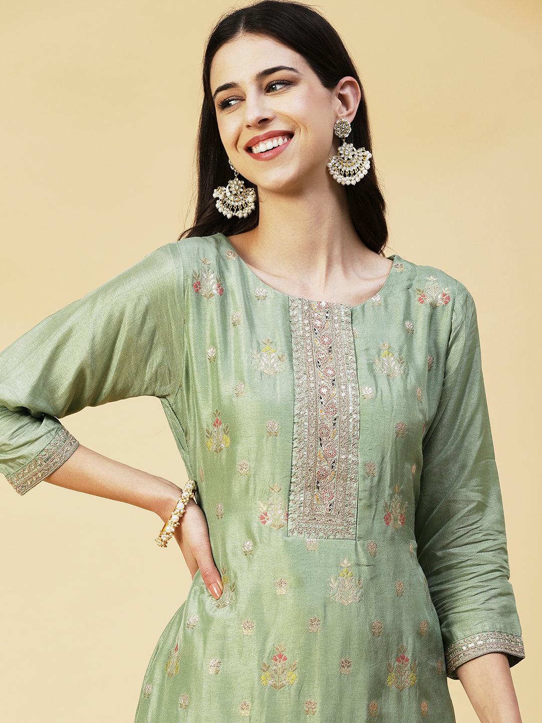 Woven Floral Jacquard Zari & Sequins Embroidered Kurta With Pants & Dupatta - Green - Indiakreations