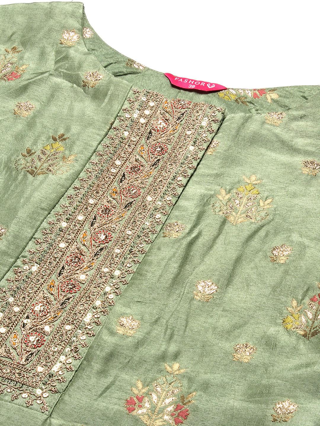 Woven Floral Jacquard Zari & Sequins Embroidered Kurta With Pants & Dupatta - Green - Indiakreations