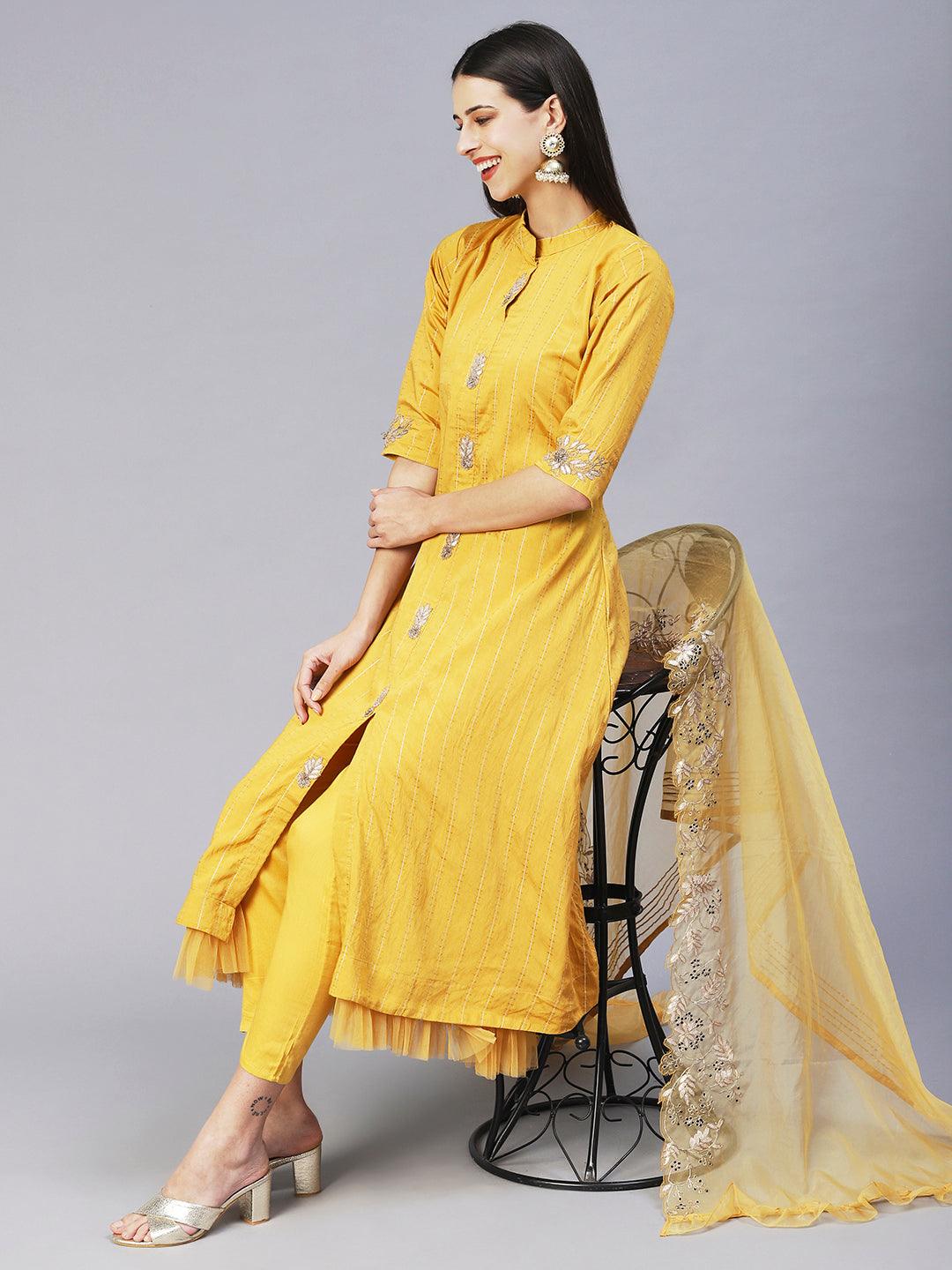 Solid Gotapatti Embroidered Layered Kurta With Pants & Embroidered Dupatta - Yellow - Indiakreations