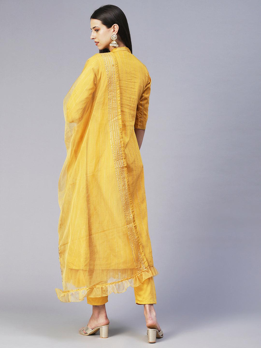 Solid Gotapatti Embroidered Layered Kurta With Pants & Embroidered Dupatta - Yellow - Indiakreations