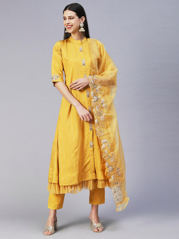 Solid Gotapatti Embroidered Layered Kurta With Pants & Embroidered Dupatta - Yellow - Indiakreations