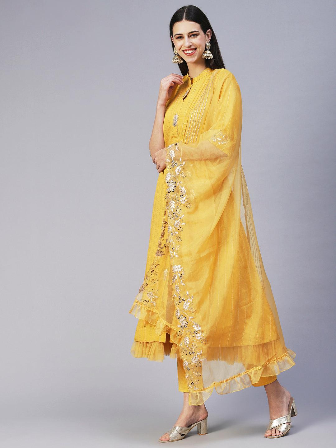 Solid Gotapatti Embroidered Layered Kurta With Pants & Embroidered Dupatta - Yellow - Indiakreations