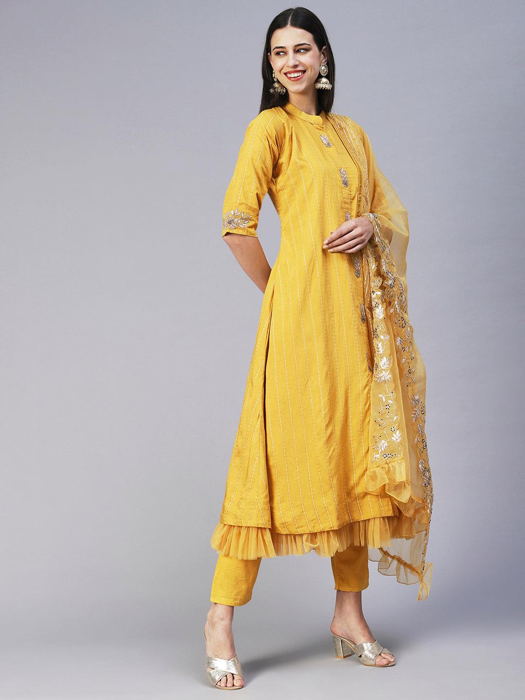 Solid Gotapatti Embroidered Layered Kurta With Pants & Embroidered Dupatta - Yellow - Indiakreations