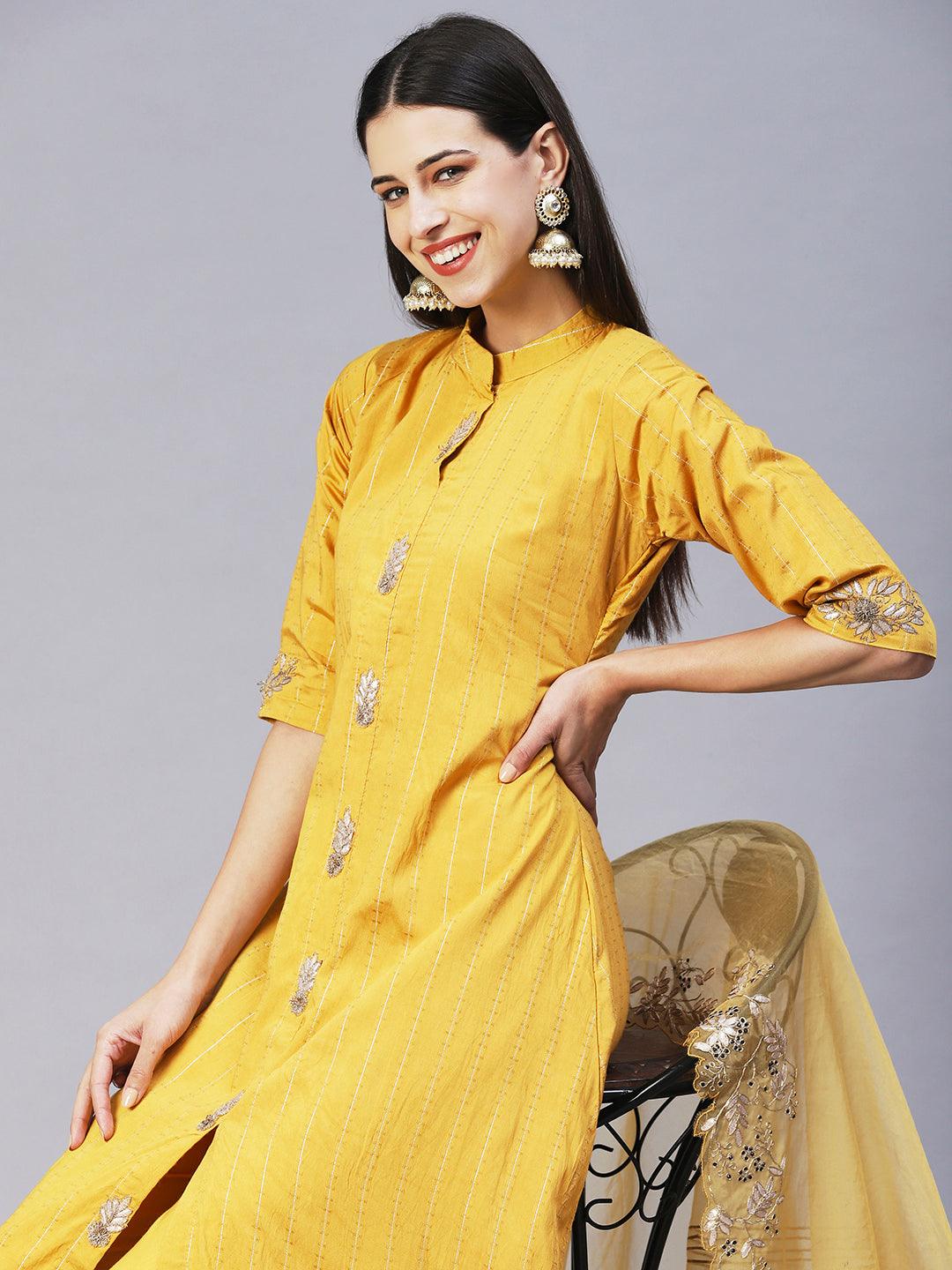 Solid Gotapatti Embroidered Layered Kurta With Pants & Embroidered Dupatta - Yellow - Indiakreations