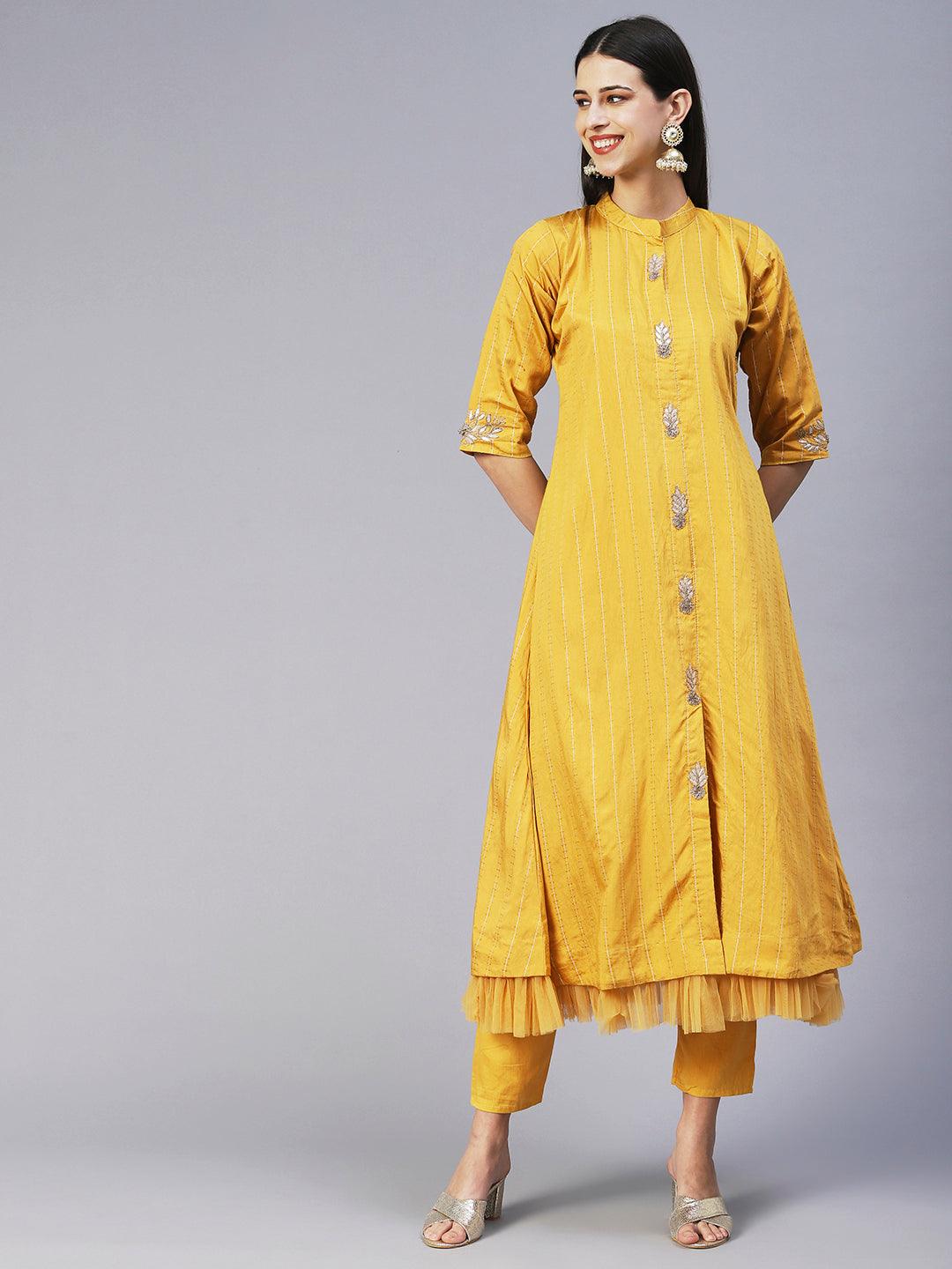 Solid Gotapatti Embroidered Layered Kurta With Pants & Embroidered Dupatta - Yellow - Indiakreations