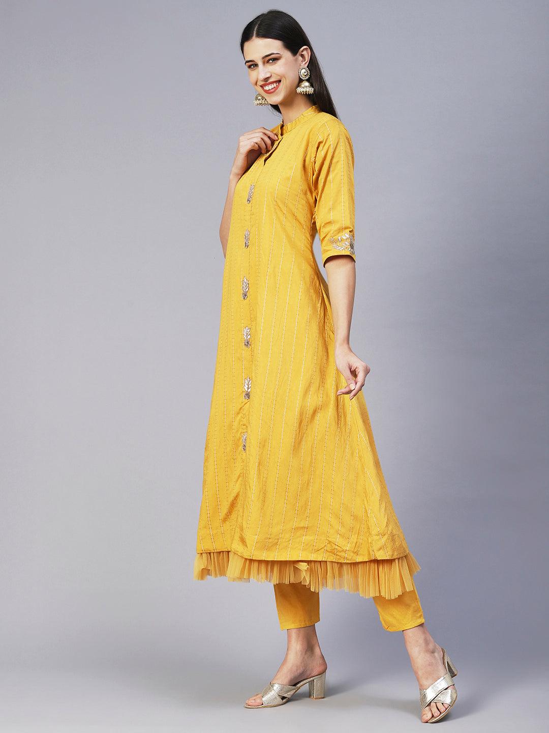 Solid Gotapatti Embroidered Layered Kurta With Pants & Embroidered Dupatta - Yellow - Indiakreations