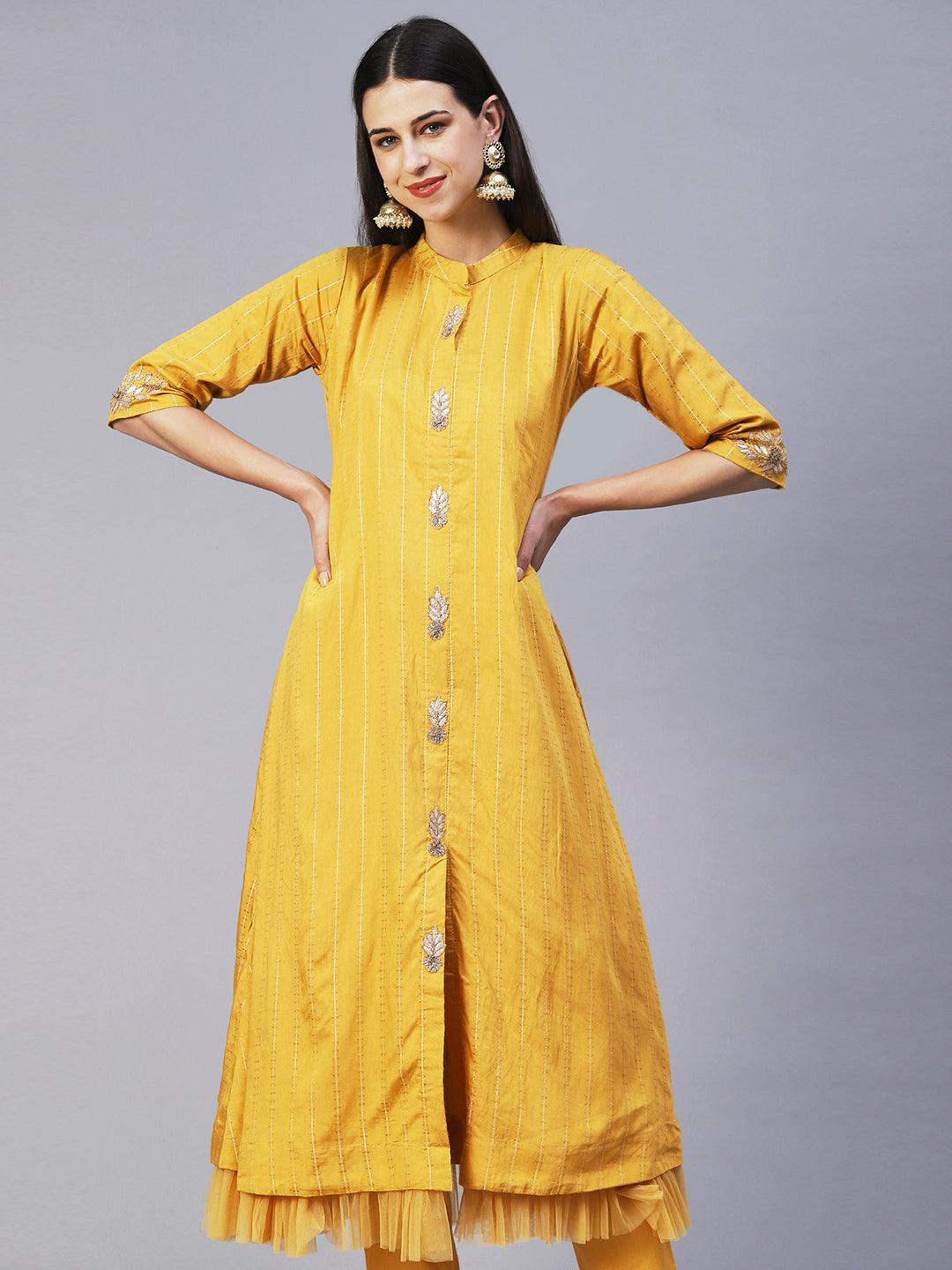 Solid Gotapatti Embroidered Layered Kurta With Pants & Embroidered Dupatta - Yellow - Indiakreations