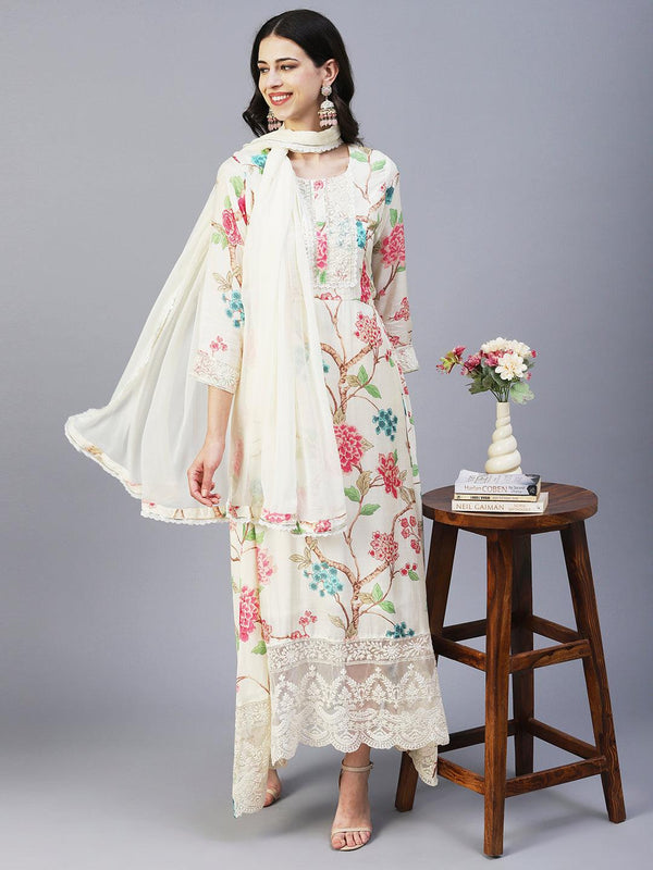 Floral Printed Resham & Sequins Embroidered Maxi Dress With Dupatta - Cream - Indiakreations