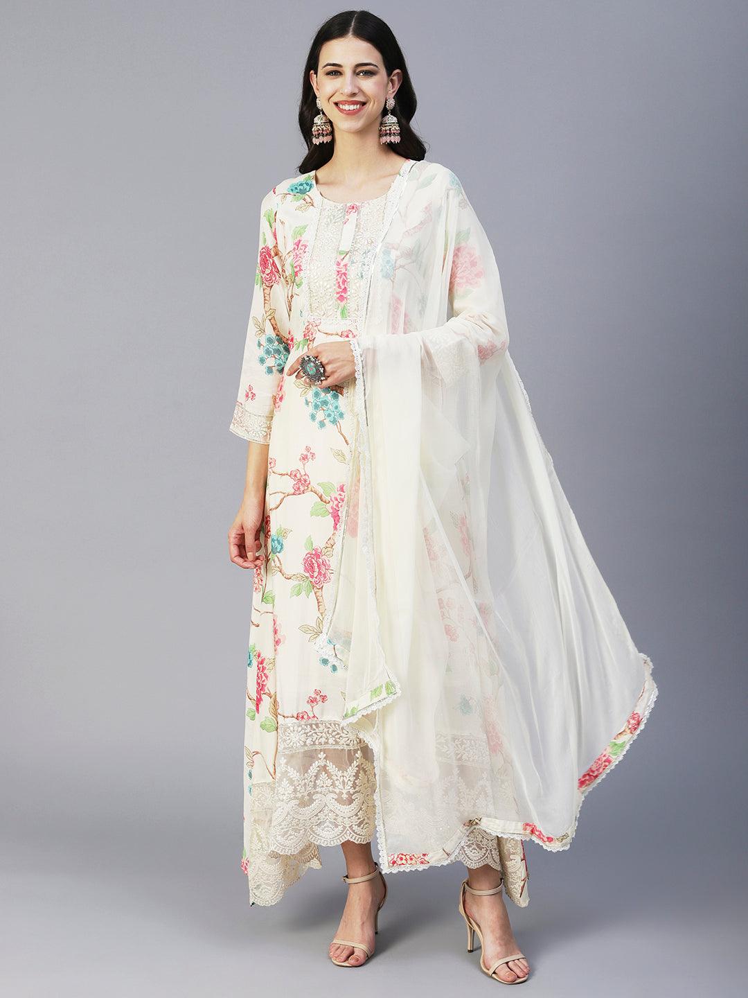 Floral Printed Resham & Sequins Embroidered Maxi Dress With Dupatta - Cream - Indiakreations