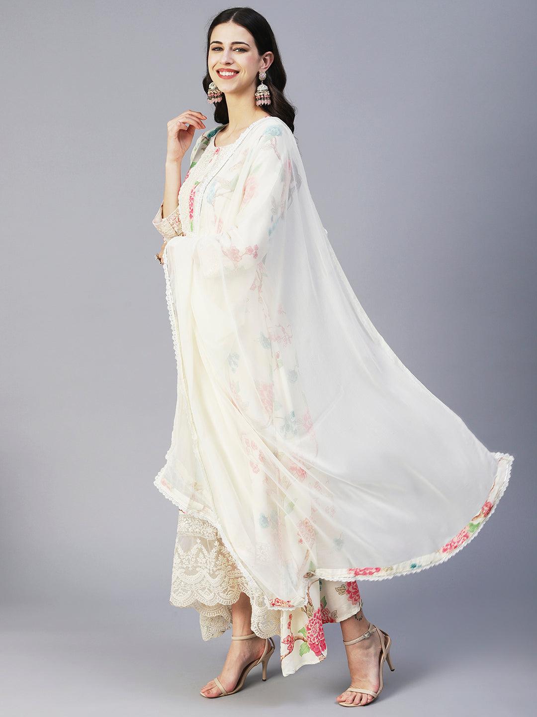 Floral Printed Resham & Sequins Embroidered Maxi Dress With Dupatta - Cream - Indiakreations