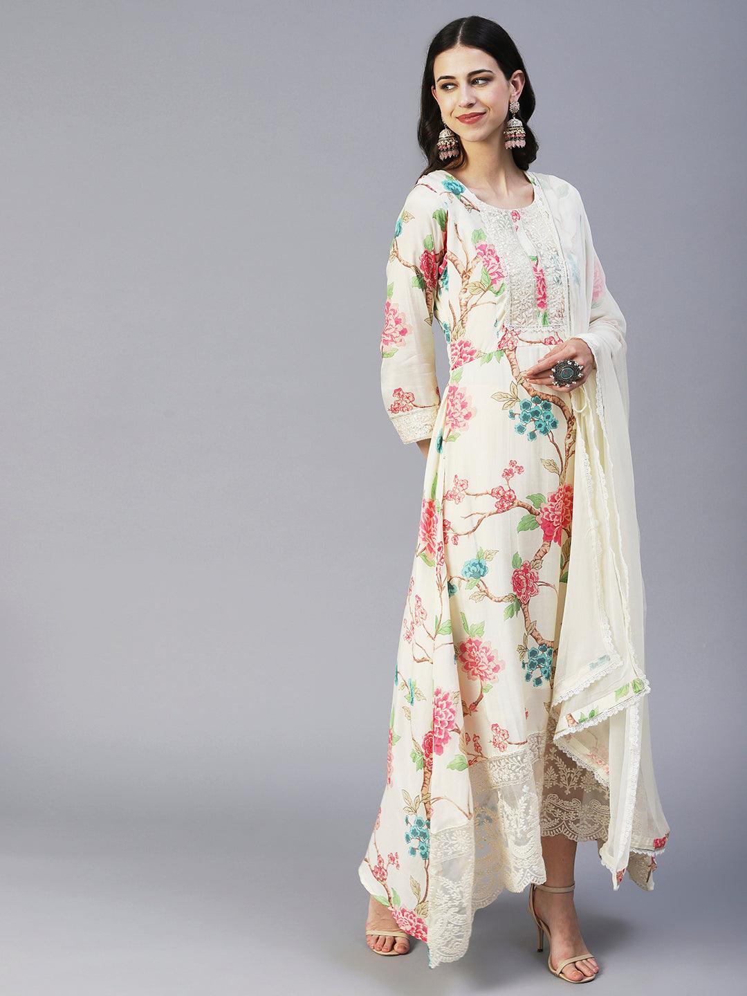 Floral Printed Resham & Sequins Embroidered Maxi Dress With Dupatta - Cream - Indiakreations