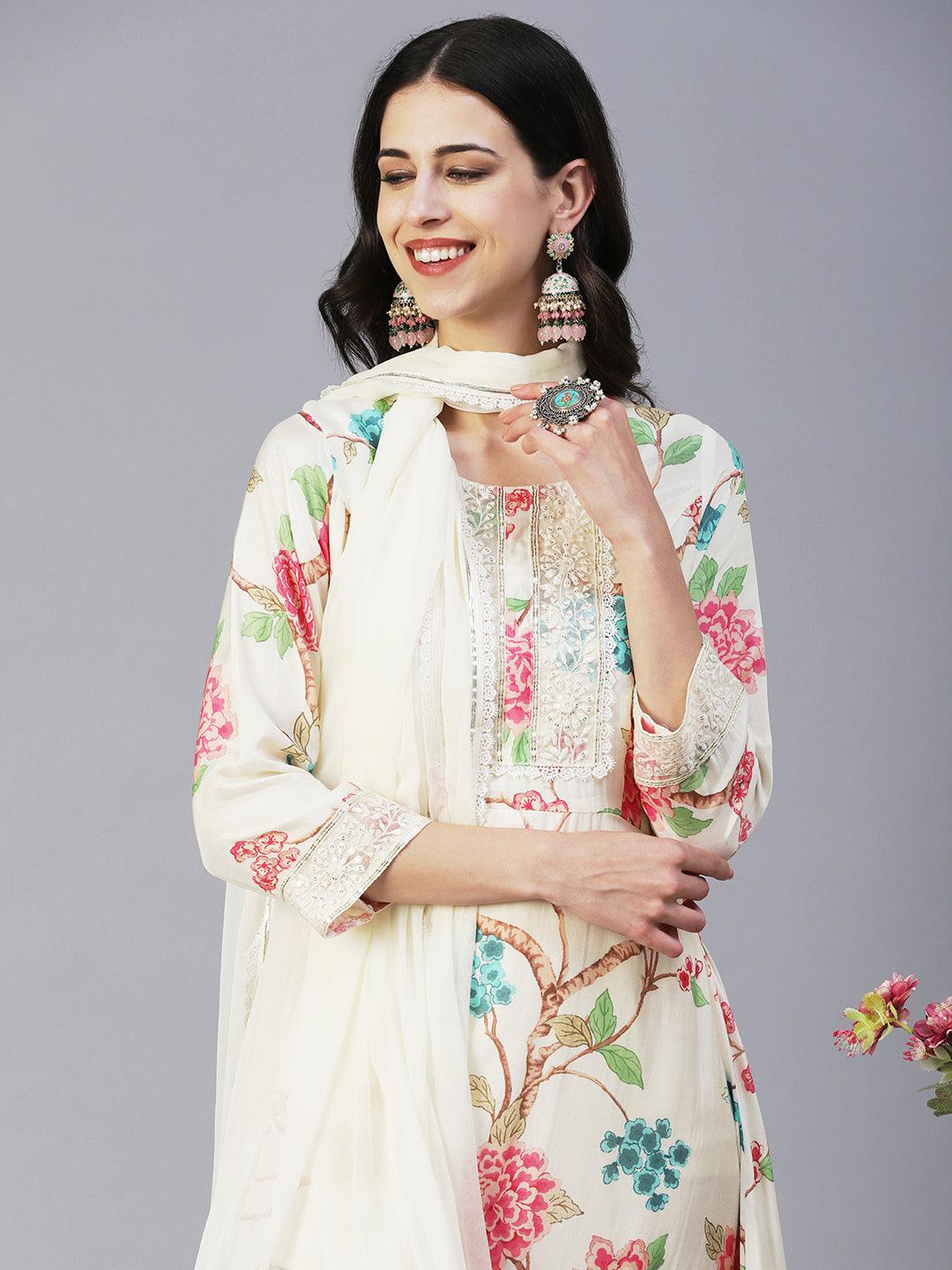 Floral Printed Resham & Sequins Embroidered Maxi Dress With Dupatta - Cream - Indiakreations