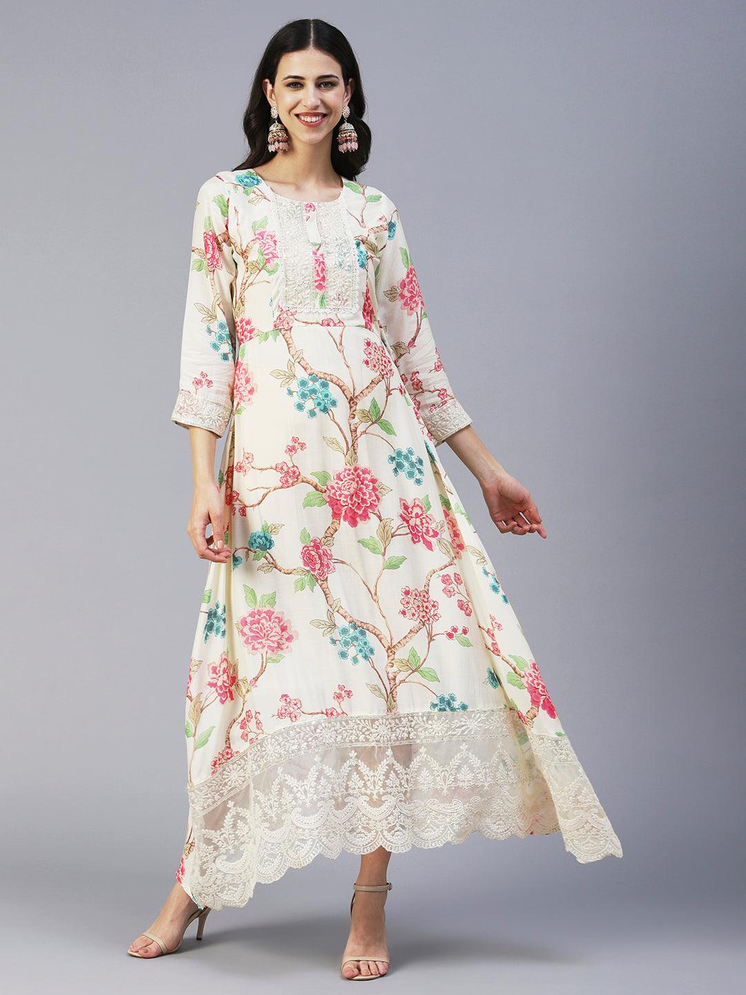 Floral Printed Resham & Sequins Embroidered Maxi Dress With Dupatta - Cream - Indiakreations