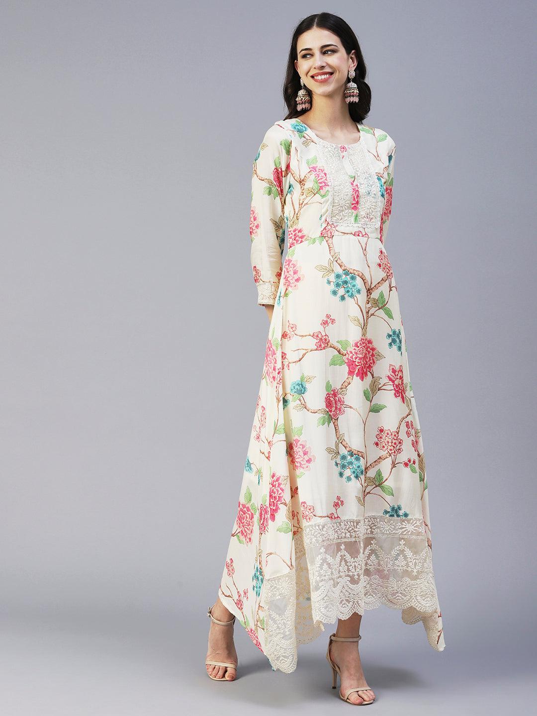 Floral Printed Resham & Sequins Embroidered Maxi Dress With Dupatta - Cream - Indiakreations