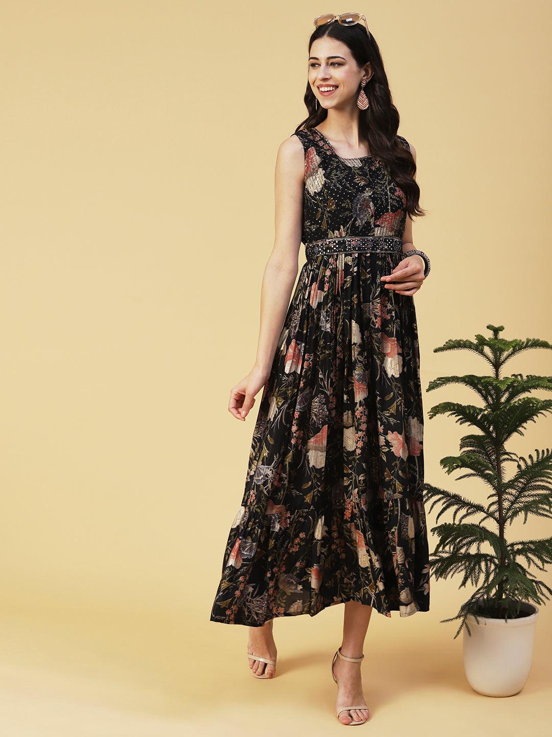 Floral Printed Flared Maxi Dress With Mirror Embroidered Belt - Black - Indiakreations