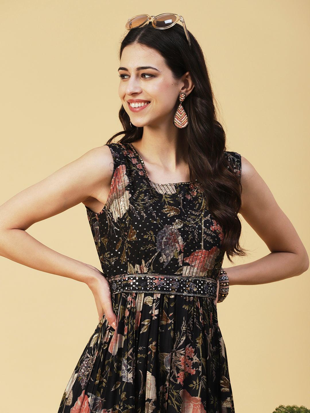 Floral Printed Flared Maxi Dress With Mirror Embroidered Belt - Black - Indiakreations