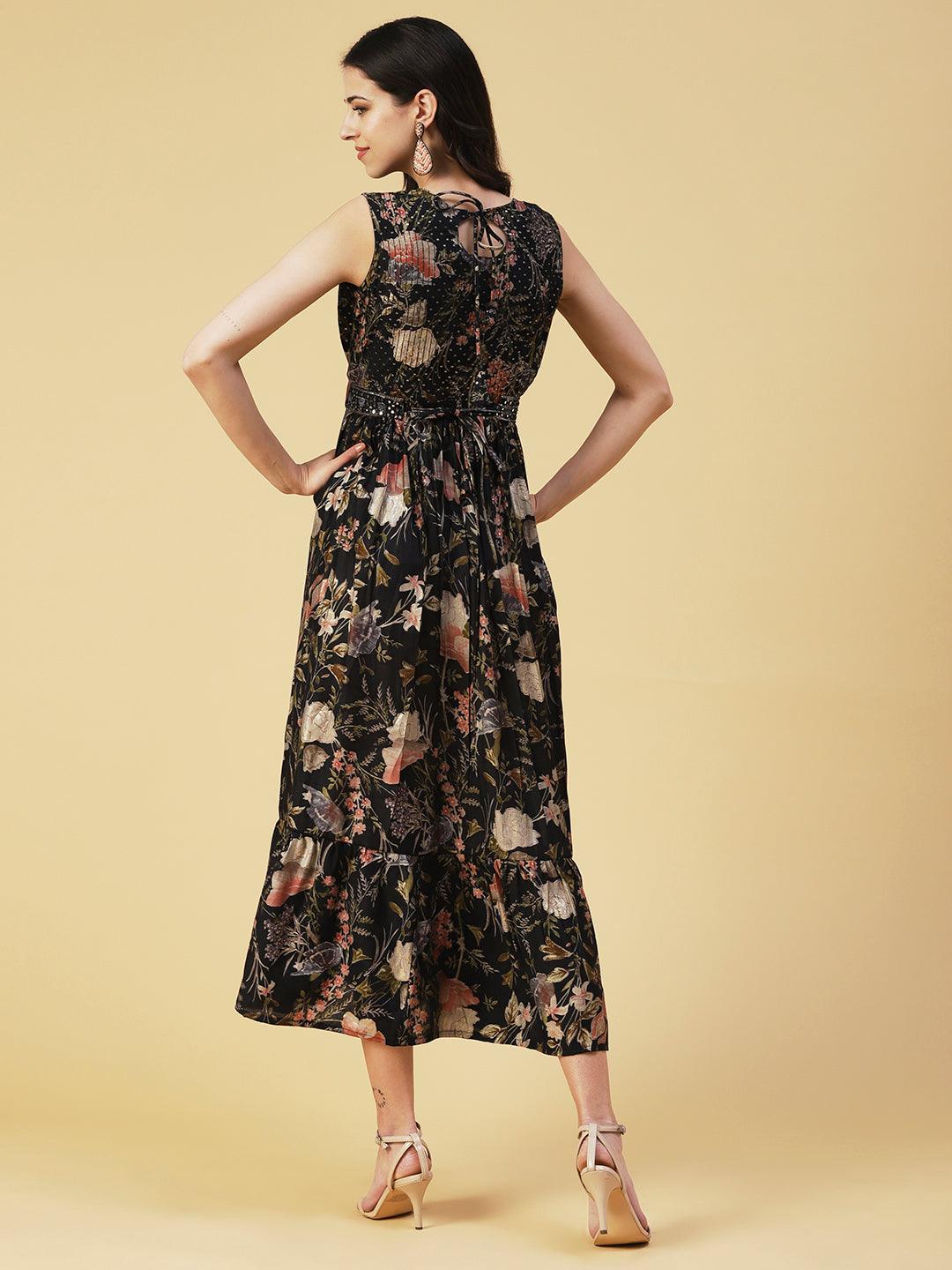 Floral Printed Flared Maxi Dress With Mirror Embroidered Belt - Black - Indiakreations