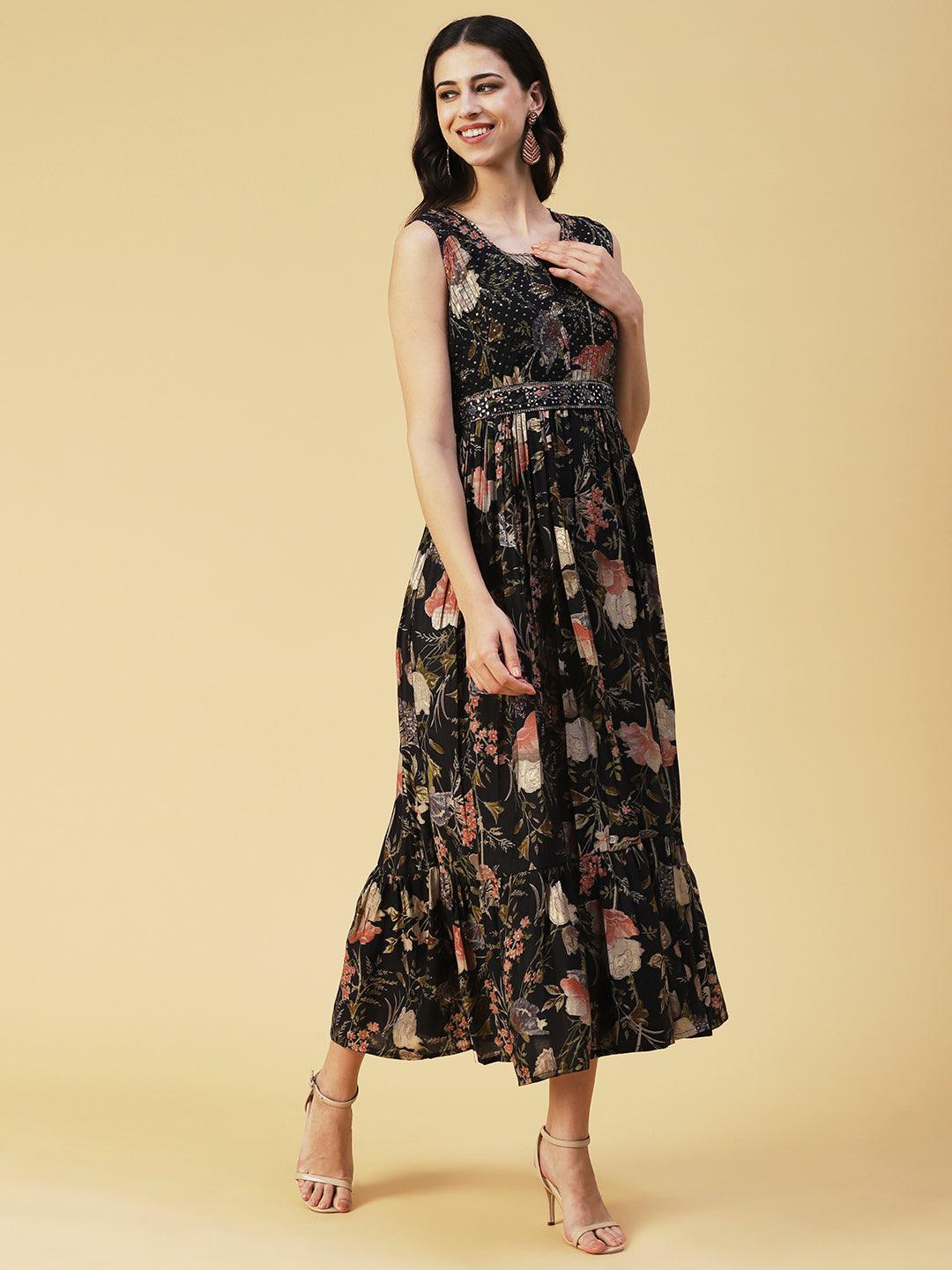 Floral Printed Flared Maxi Dress With Mirror Embroidered Belt - Black - Indiakreations