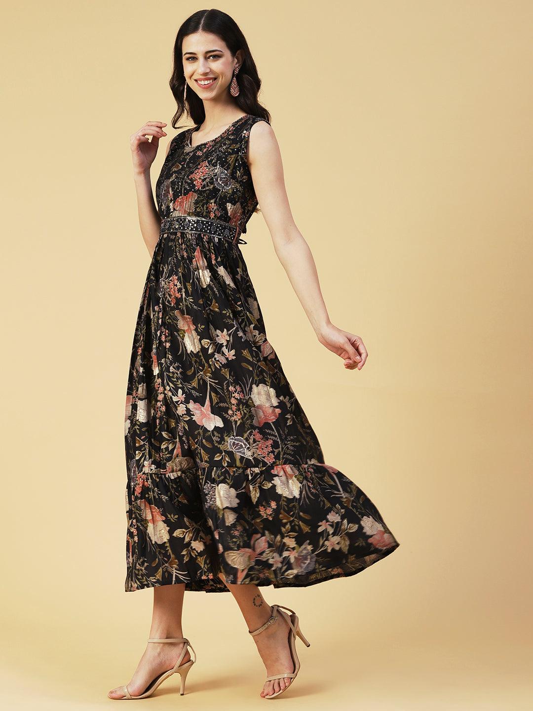 Floral Printed Flared Maxi Dress With Mirror Embroidered Belt - Black - Indiakreations