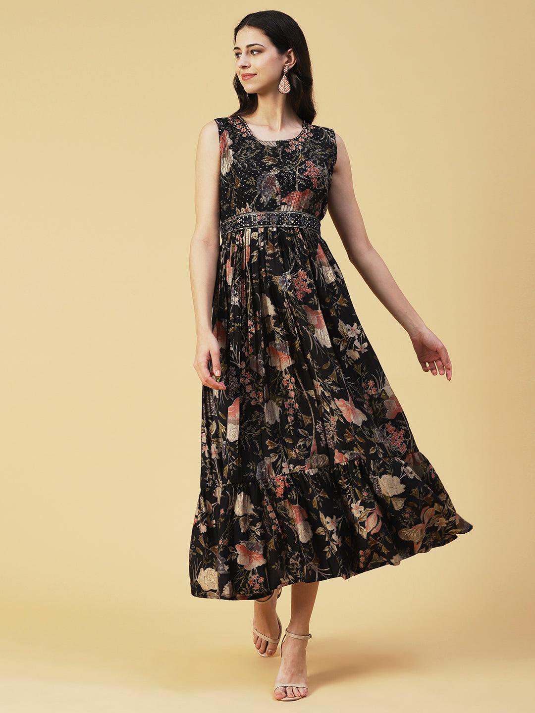 Floral Printed Flared Maxi Dress With Mirror Embroidered Belt - Black - Indiakreations