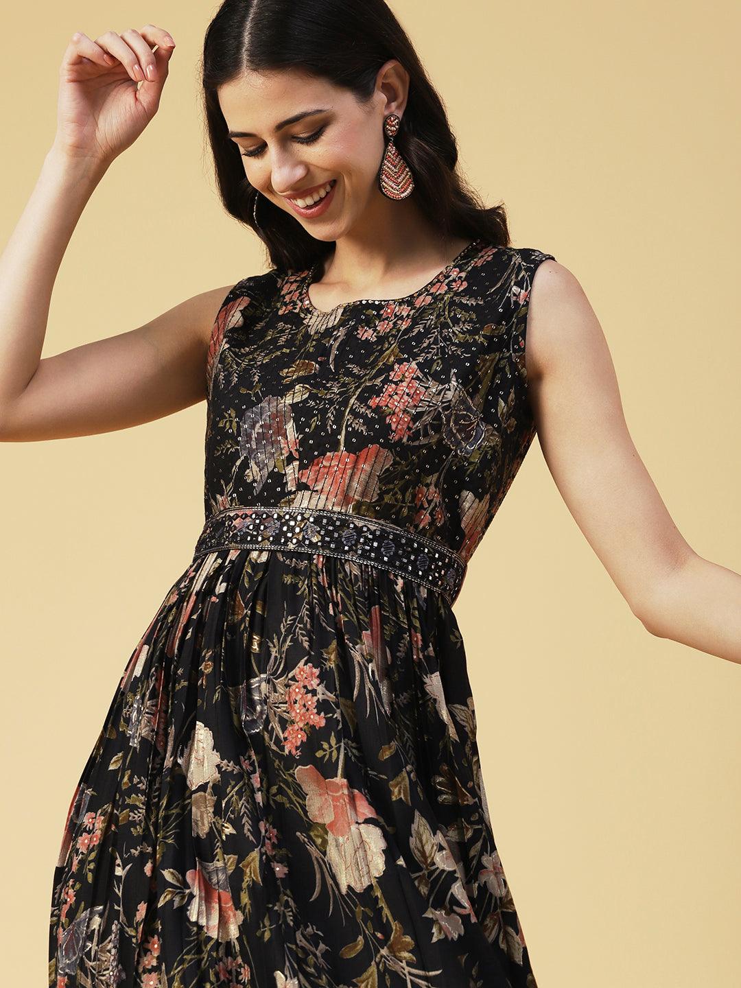 Floral Printed Flared Maxi Dress With Mirror Embroidered Belt - Black - Indiakreations