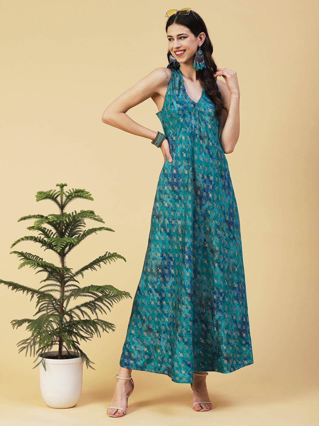 Ethnic Foil Printed A-line Flared Maxi Dress - Turquoise Blue - Indiakreations