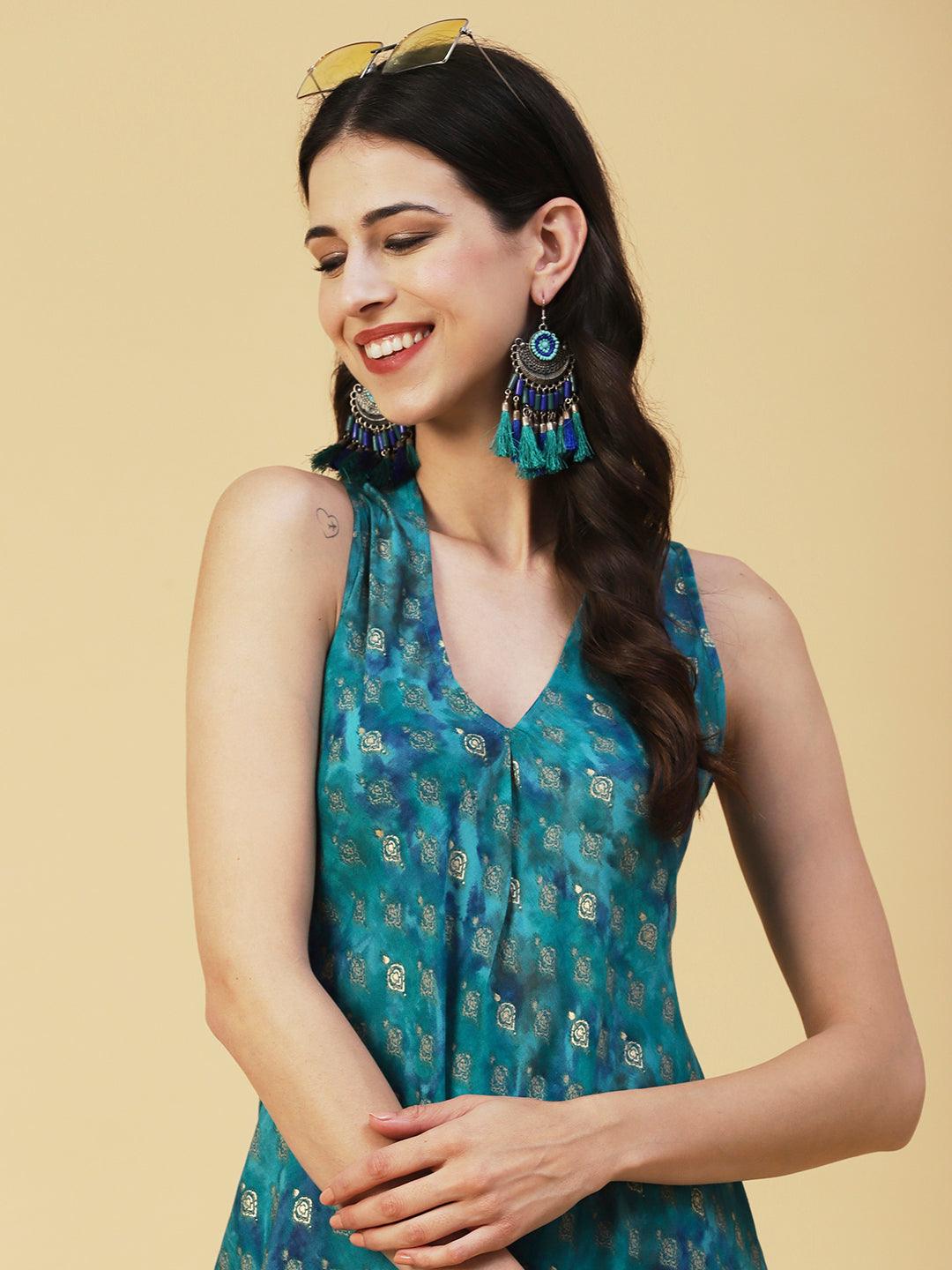 Ethnic Foil Printed A-line Flared Maxi Dress - Turquoise Blue - Indiakreations