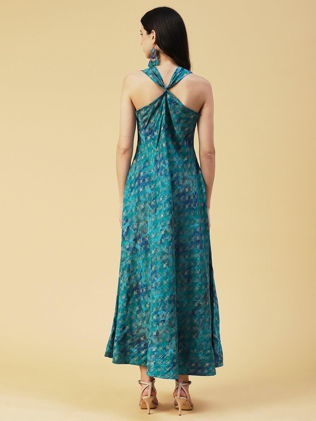 Ethnic Foil Printed A-line Flared Maxi Dress - Turquoise Blue - Indiakreations