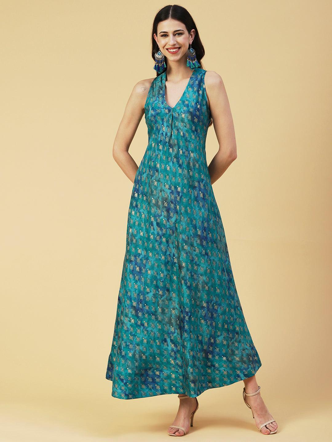 Ethnic Foil Printed A-line Flared Maxi Dress - Turquoise Blue - Indiakreations