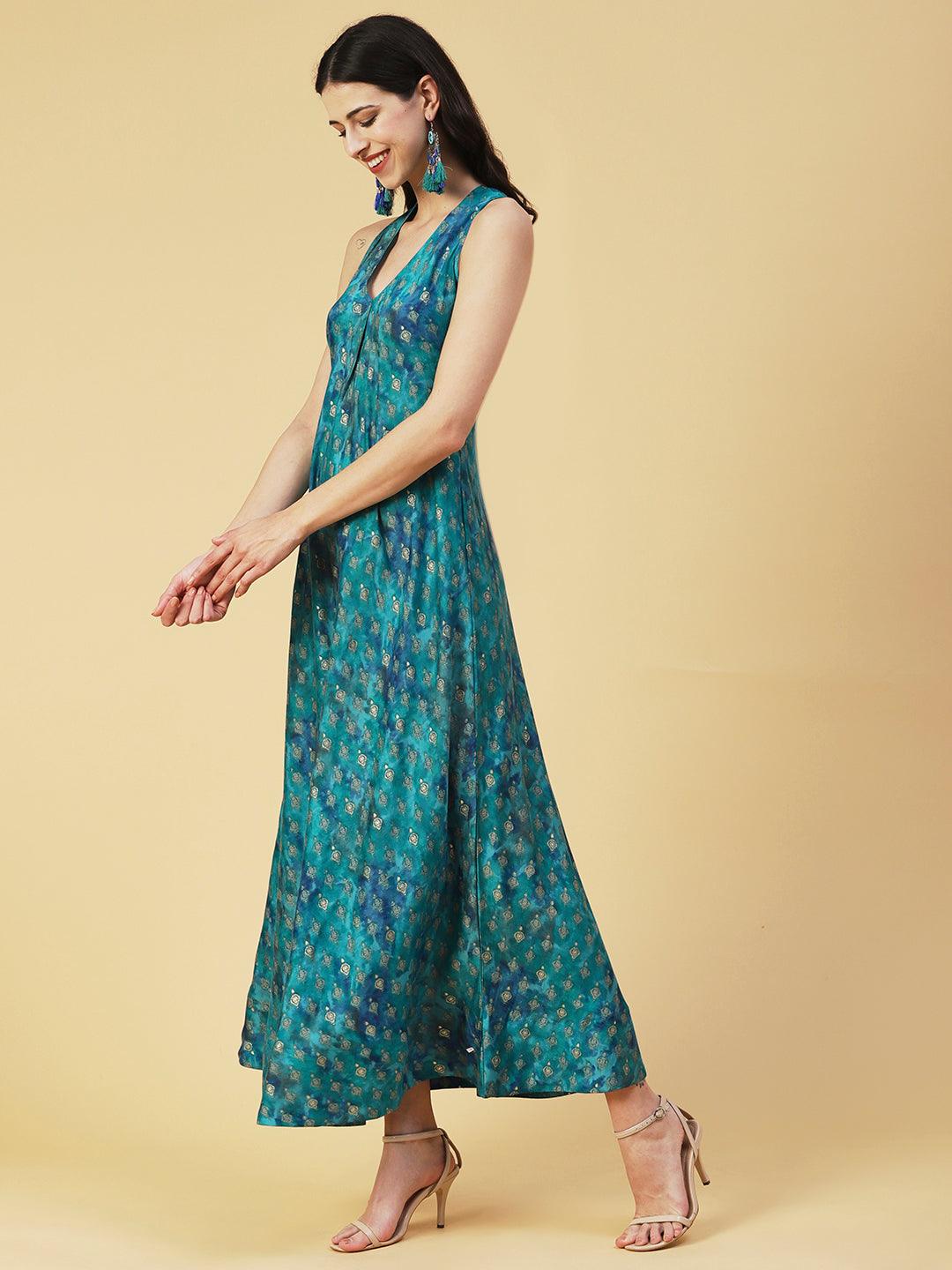 Ethnic Foil Printed A-line Flared Maxi Dress - Turquoise Blue - Indiakreations