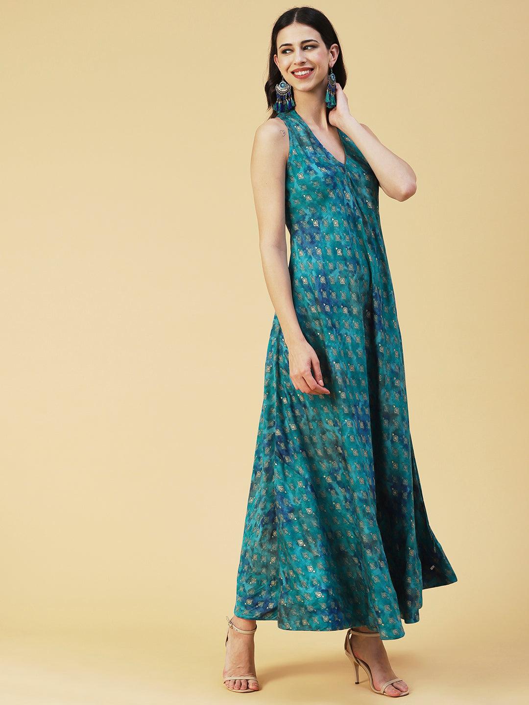 Ethnic Foil Printed A-line Flared Maxi Dress - Turquoise Blue - Indiakreations