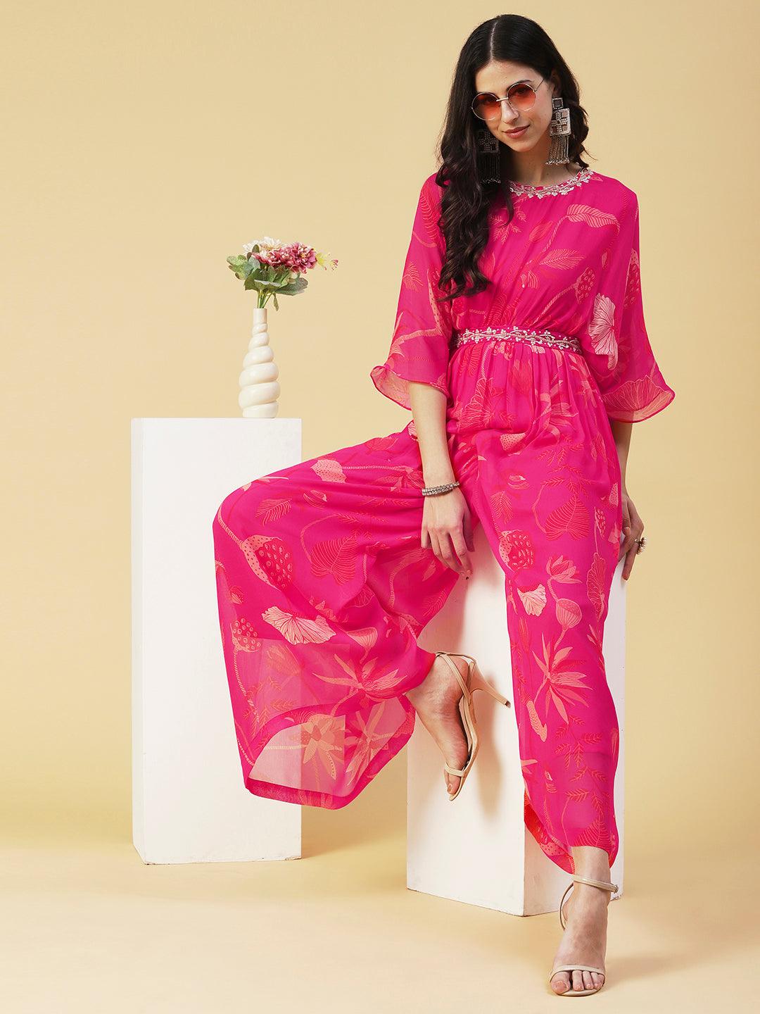 Floral Printed Gathered Jumpsuit With Embroidered Belt - Fuchsia - Indiakreations