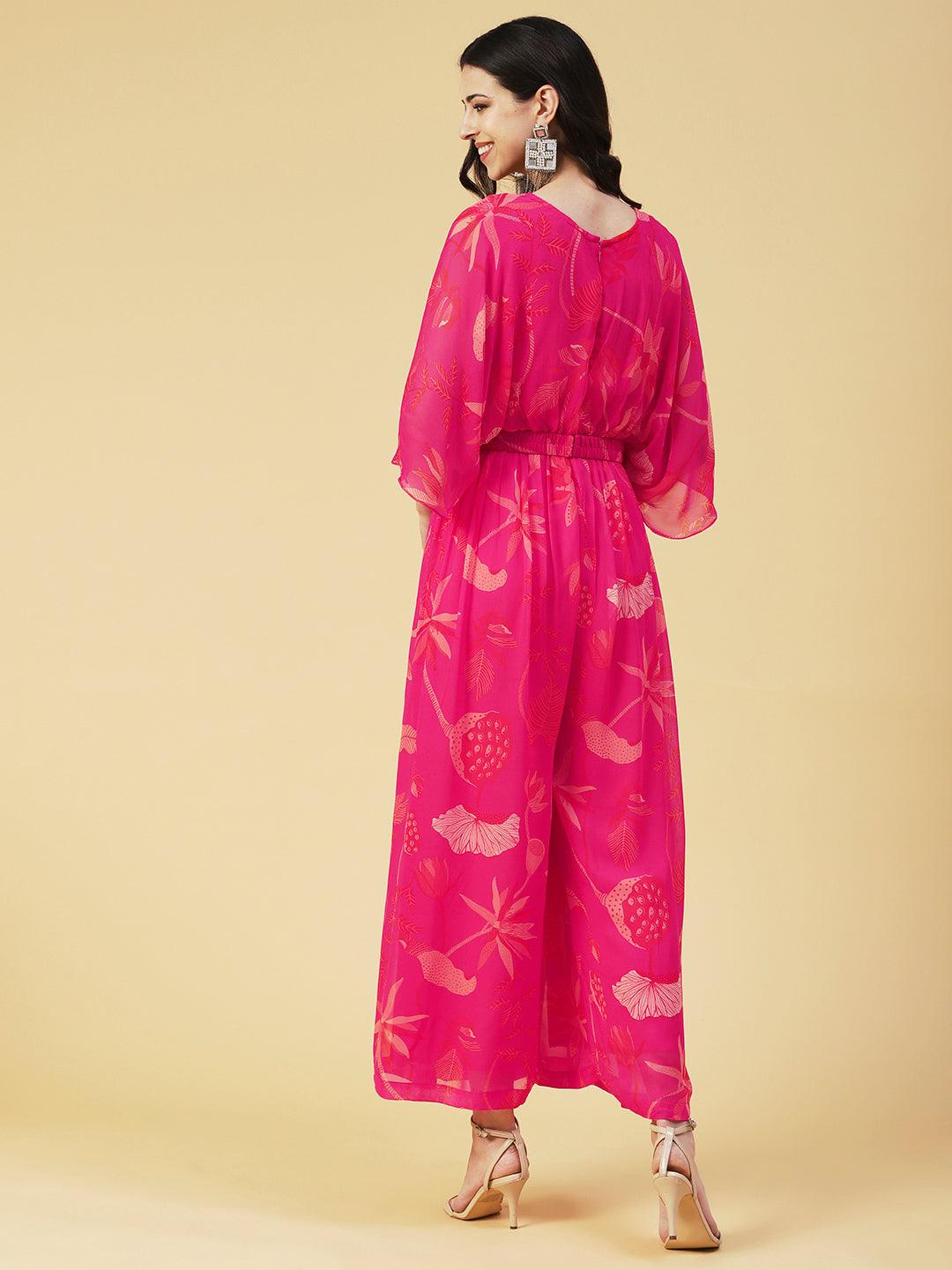 Floral Printed Gathered Jumpsuit With Embroidered Belt - Fuchsia - Indiakreations