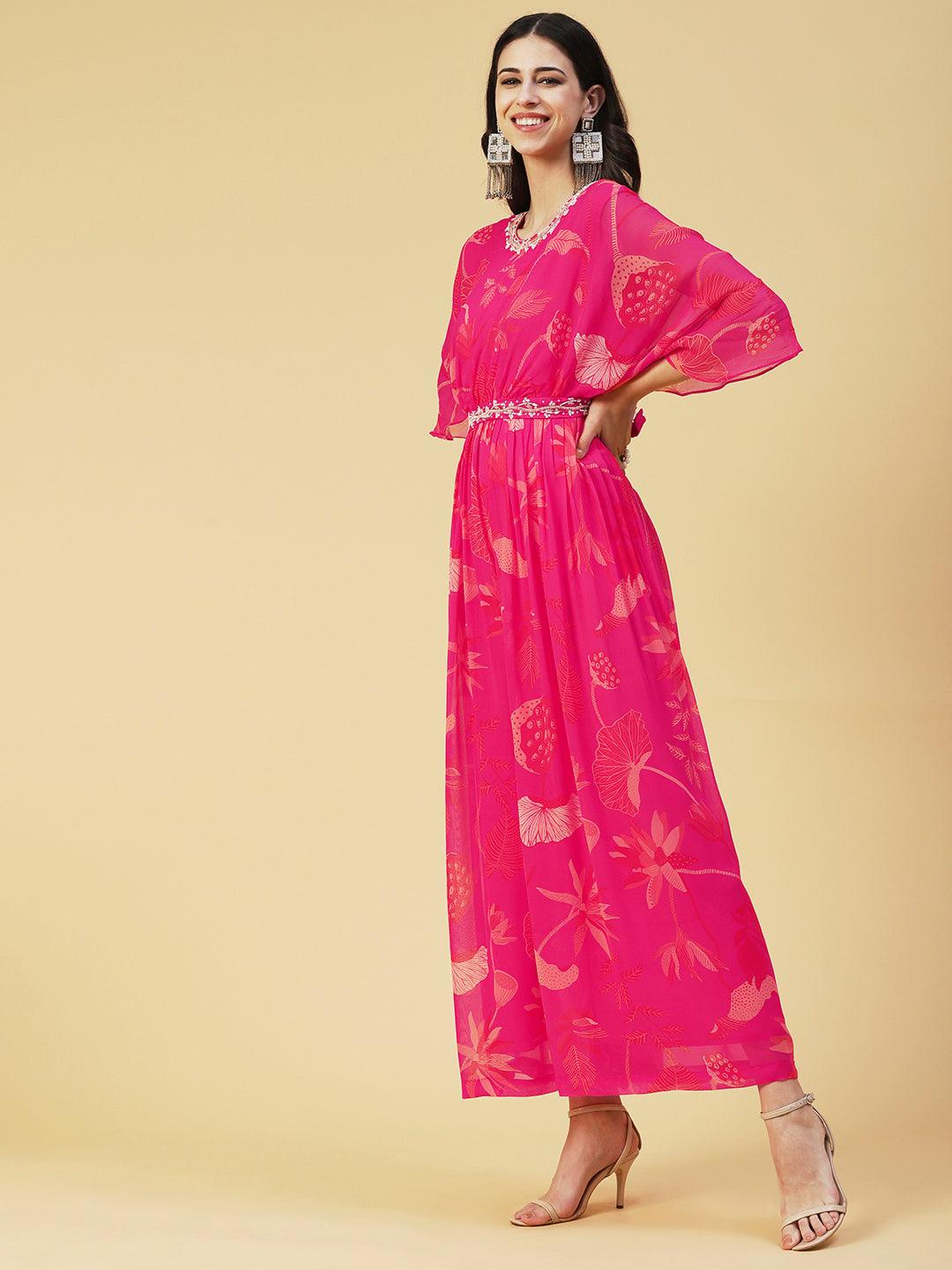 Floral Printed Gathered Jumpsuit With Embroidered Belt - Fuchsia - Indiakreations