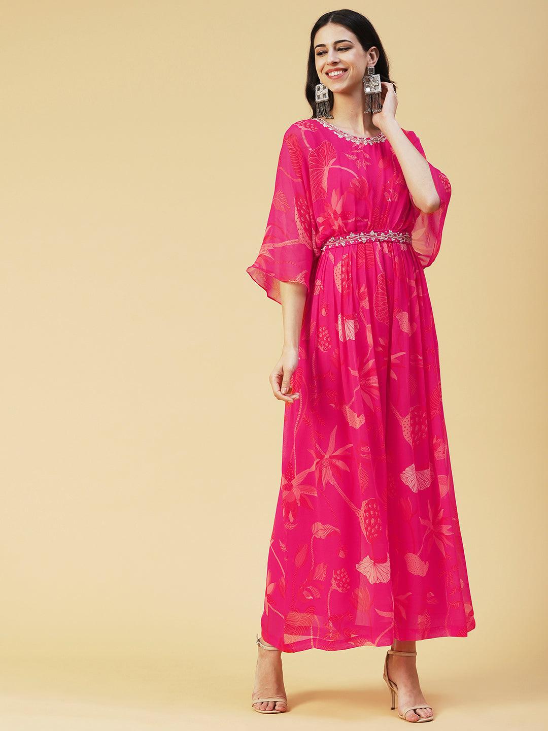 Floral Printed Gathered Jumpsuit With Embroidered Belt - Fuchsia - Indiakreations