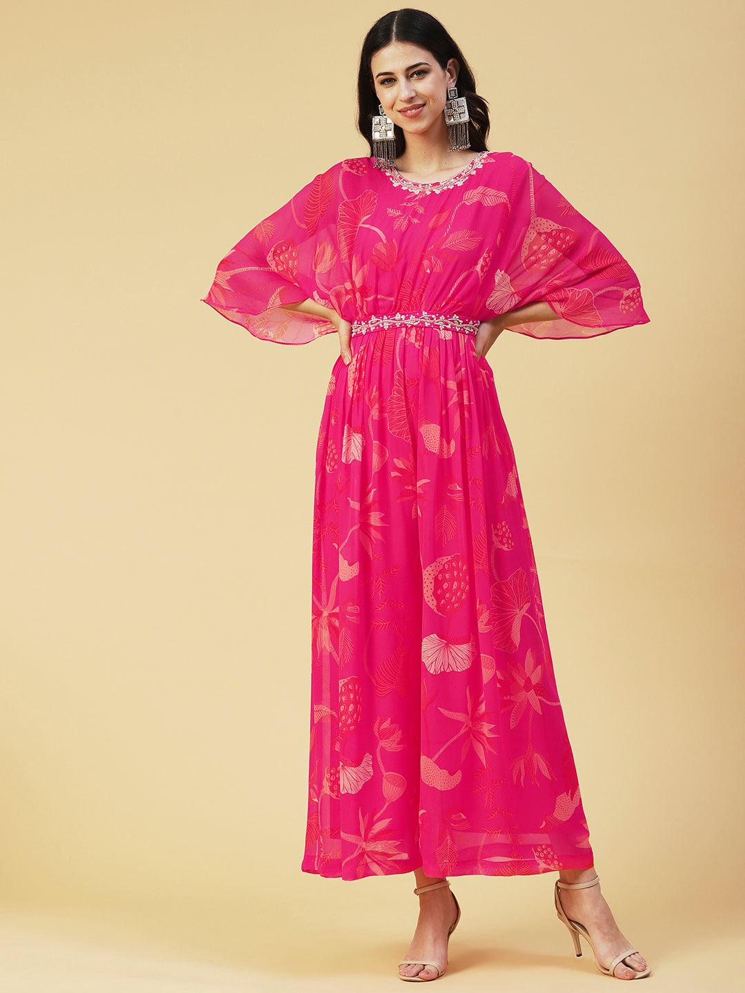 Floral Printed Gathered Jumpsuit With Embroidered Belt - Fuchsia - Indiakreations