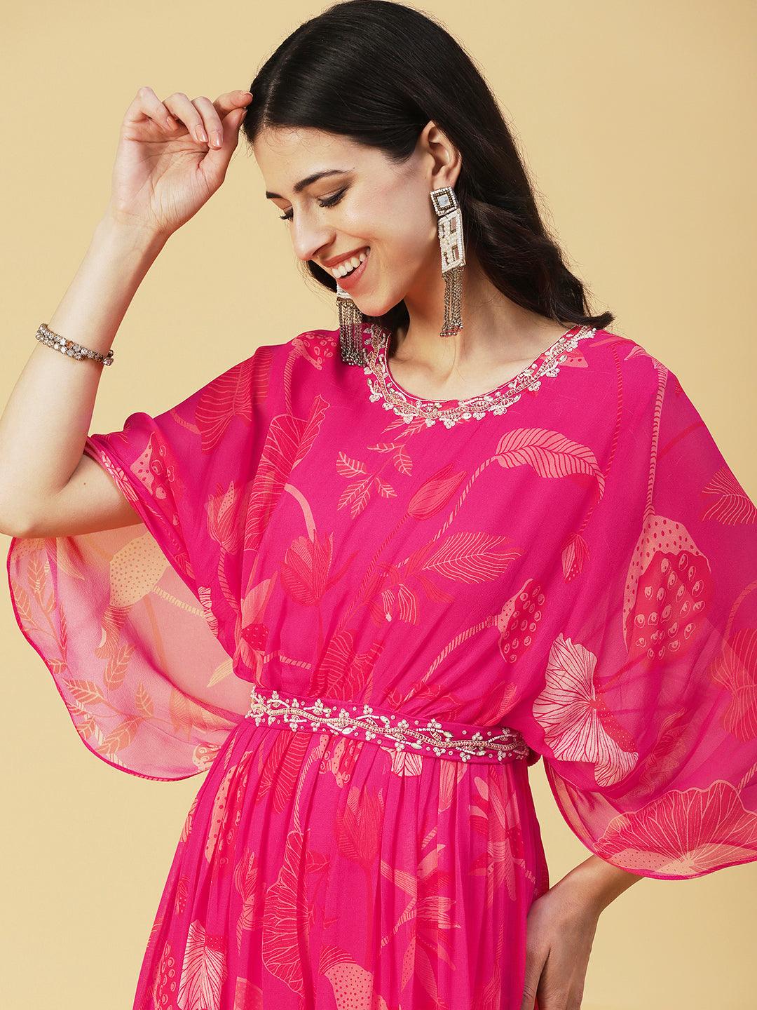 Floral Printed Gathered Jumpsuit With Embroidered Belt - Fuchsia - Indiakreations