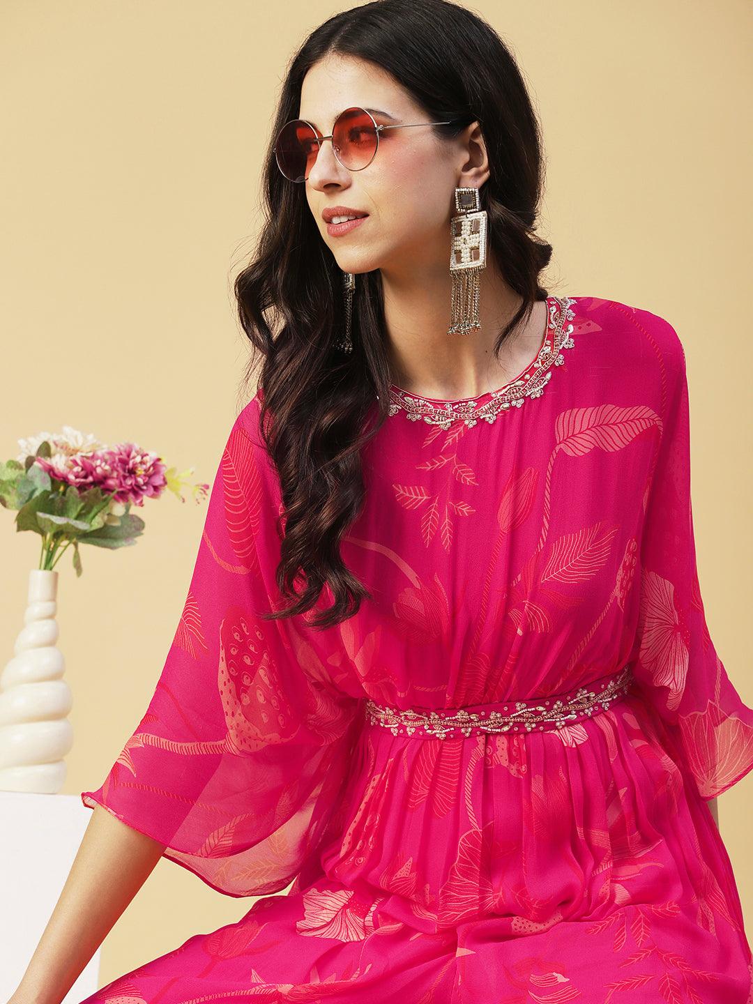 Floral Printed Gathered Jumpsuit With Embroidered Belt - Fuchsia - Indiakreations